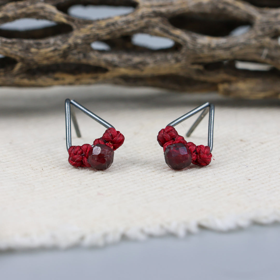 Garnet stud earrings triangle oxidized sterling silver