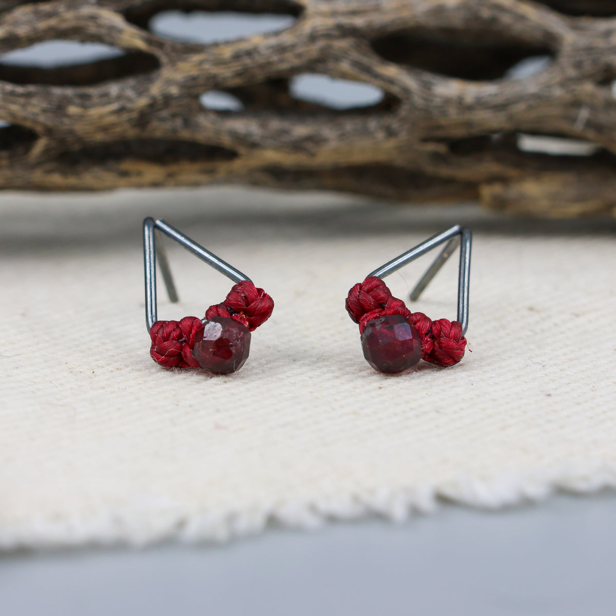 Garnet stud earrings triangle oxidized sterling silver