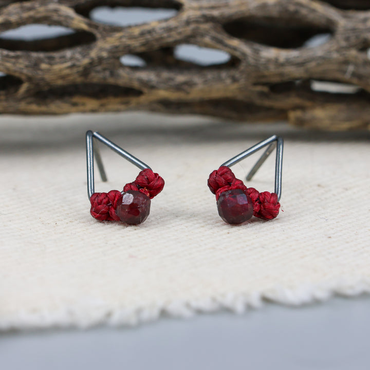 Garnet stud earrings triangle oxidized sterling silver