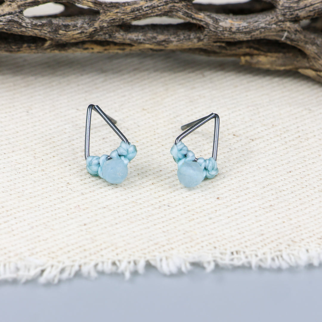 Aquamarine Stud Earrings / Triangle / Oxidized Sterling Silver