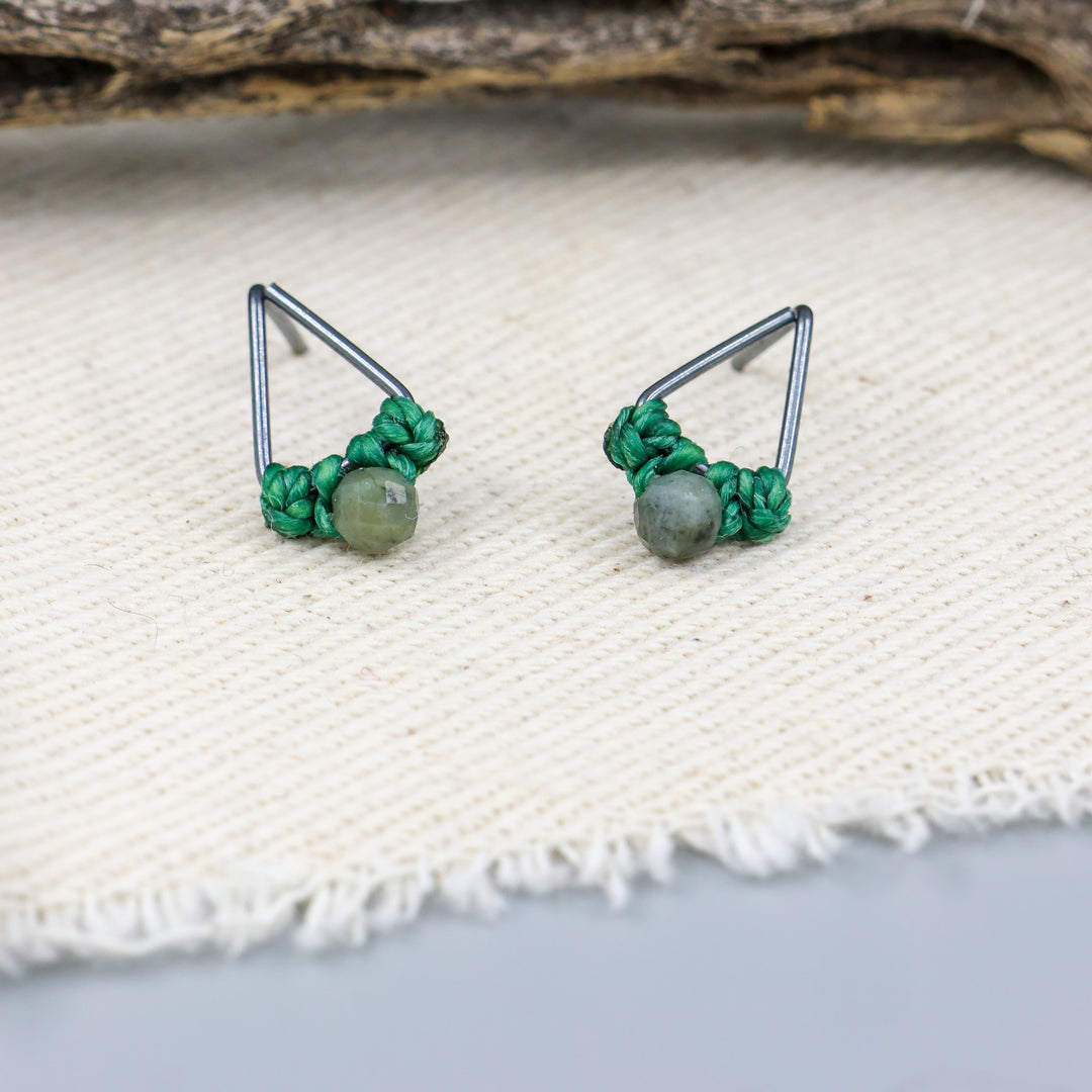 Emerald Stud Earrings / Triangle / Oxidized Sterling Silver