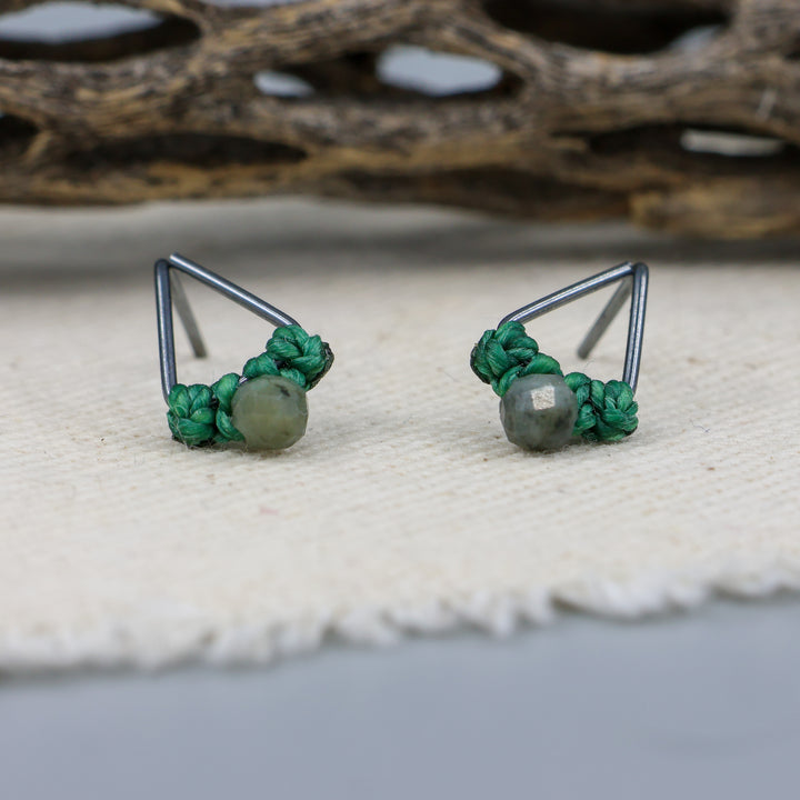 Emerald Stud Earrings triangle oxidized sterling silver
