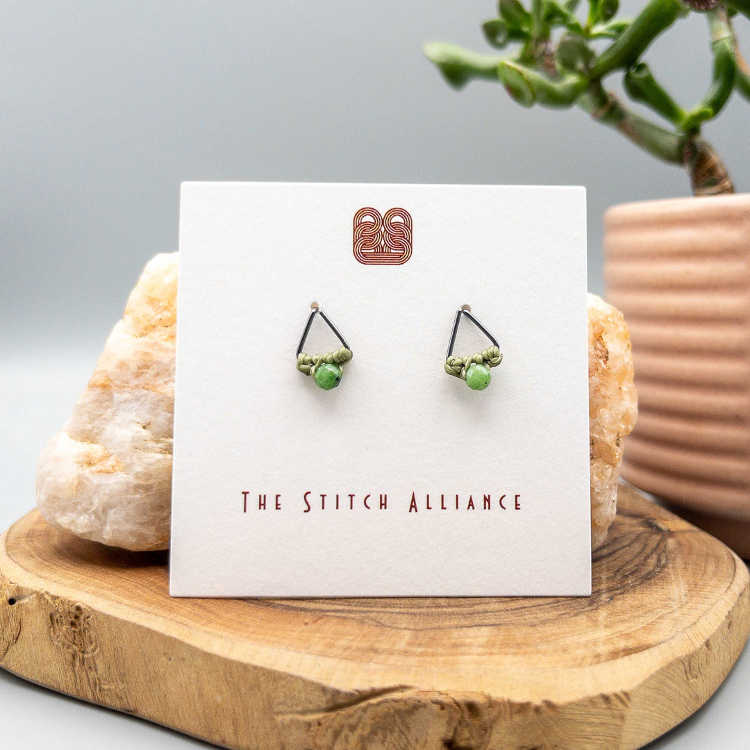 ruby in zoisite sterling silver triangle post earring with macrame