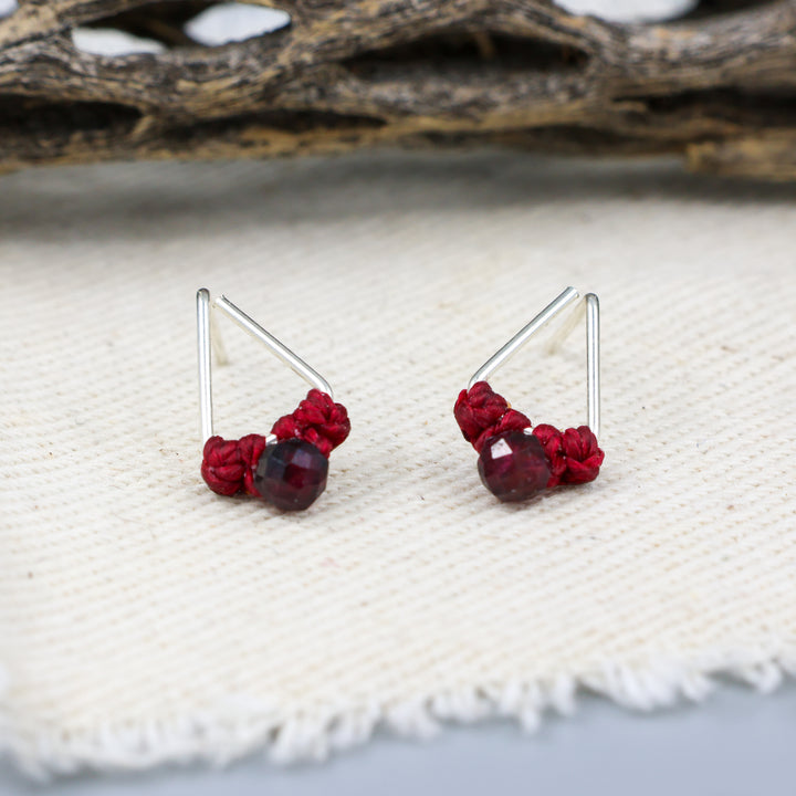 Garnet Stud Earrings / Triangle / Sterling Silver