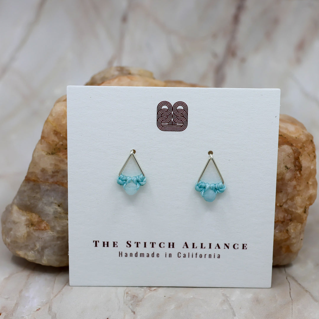 triangle sterling silver aquamarine stud macrame earrings