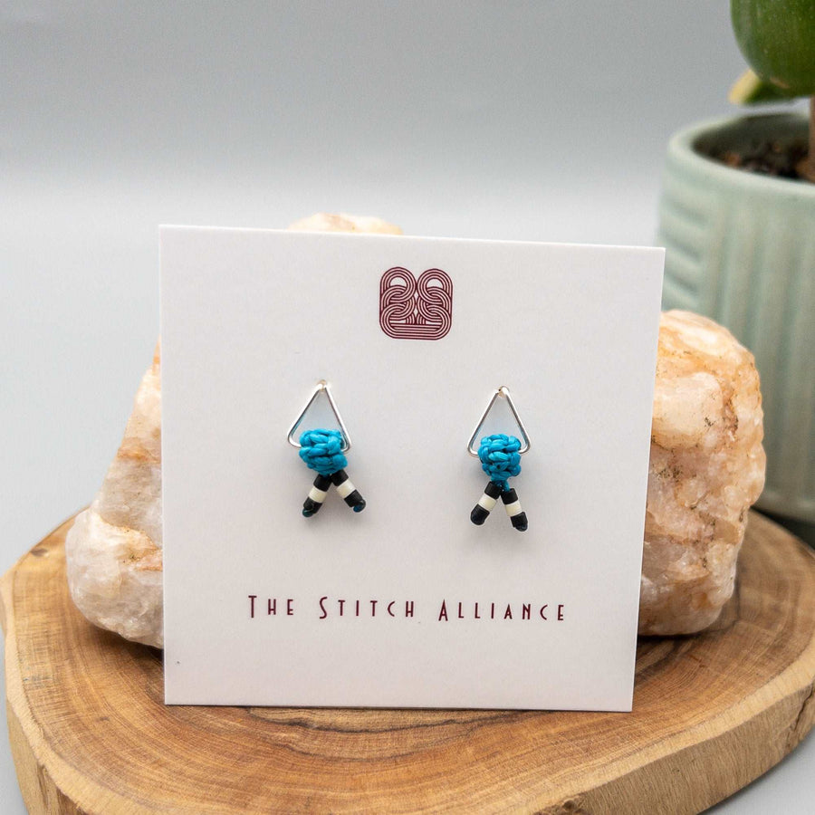 Sterling silver triangle post style earrings with bright turquoise macrame cord