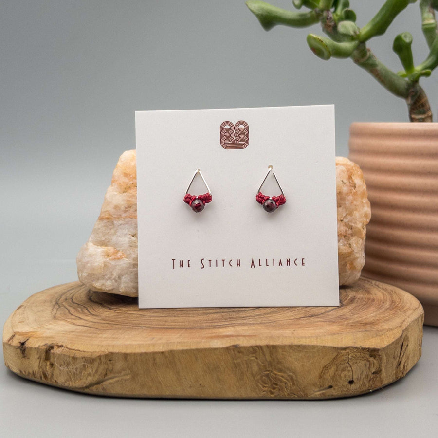 Sterling silver triangle post earrings with garnet beads