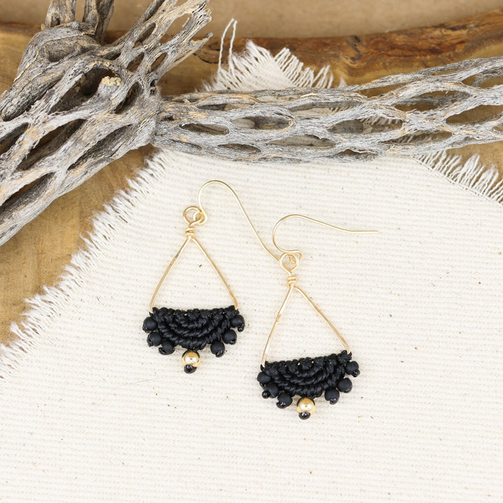 gold filled macrame triangle hoop earrings in black