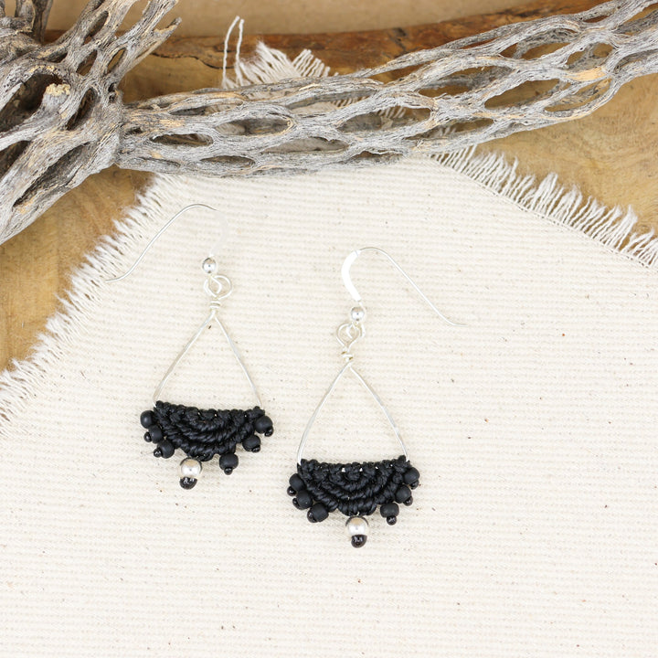 sterling silver triangle hoop earrings with black macrame half moon