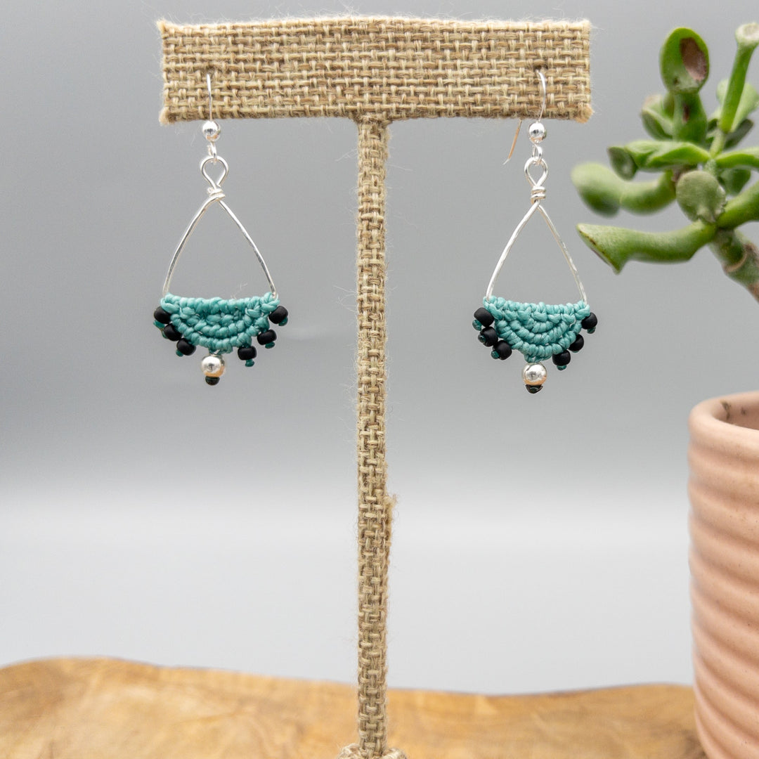 sterling silver triangle hoop macrame earrings in green haning