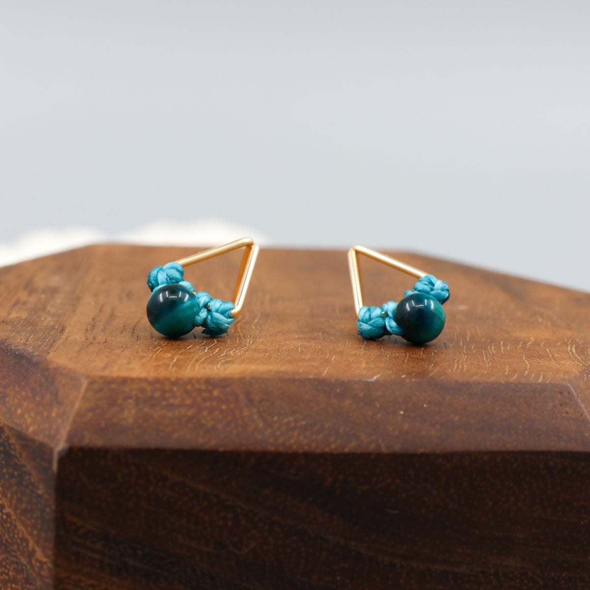 handmade blue tiger's eye triangle stud earrings in gold fill wire