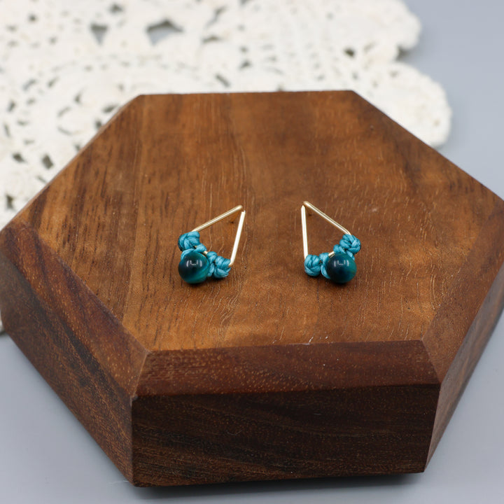 handmade macrame blue tiger's eye triangle stud earrings in gold fill wire