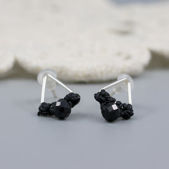 handmade triangle stud earrings sterling silver with black spinel beads