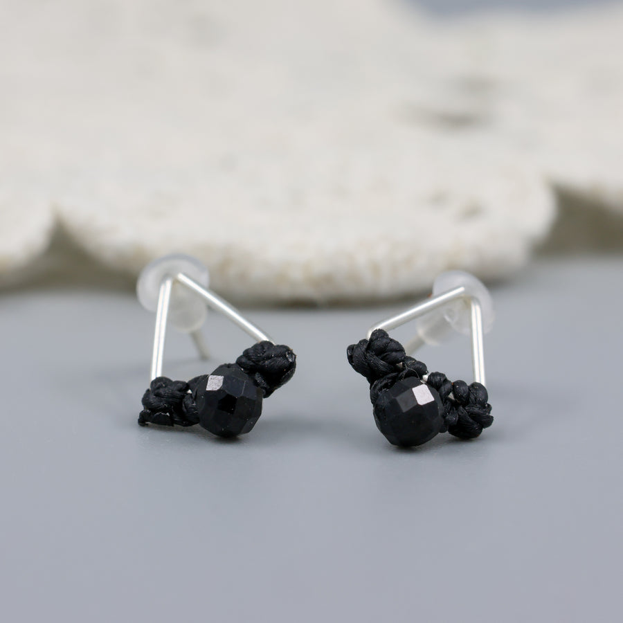 handmade triangle stud earrings sterling silver with black spinel beads