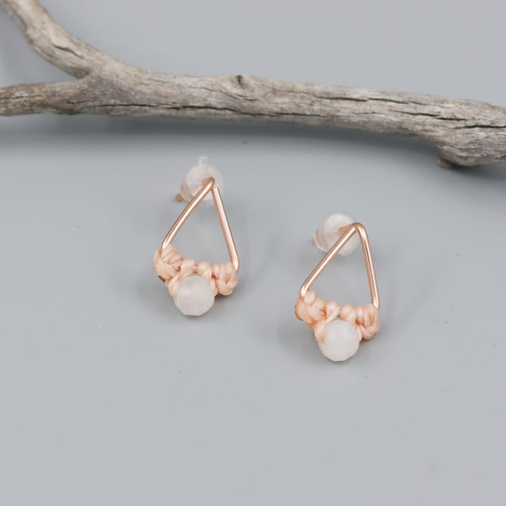 rose gold triangle earrings with moonstone bead