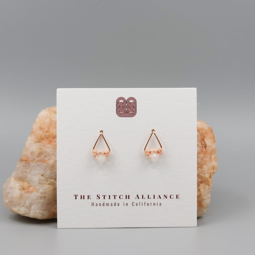 handmade rose gold triangle earrings with moonstone bead