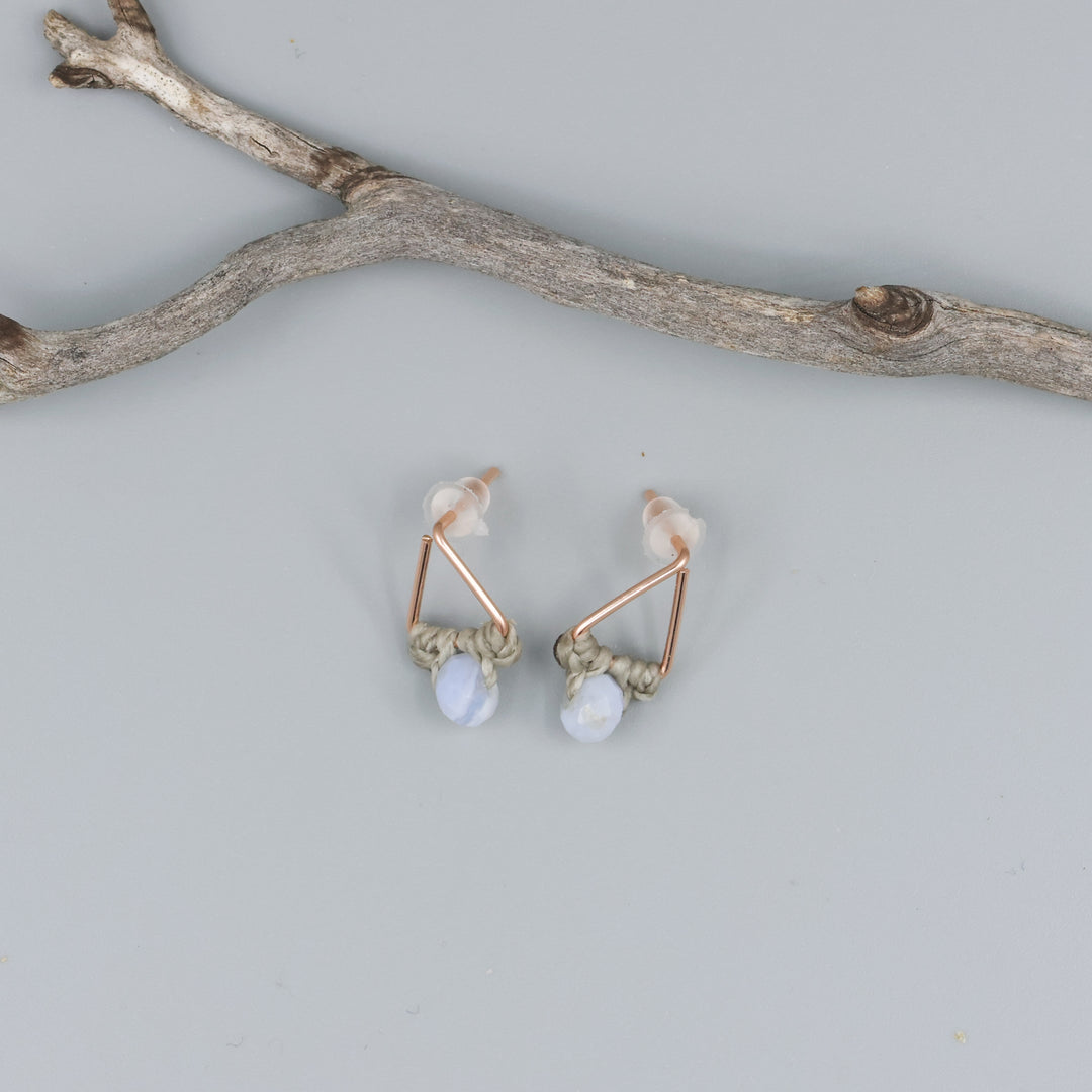 rose gold triangle earrings with blue lace agate beads