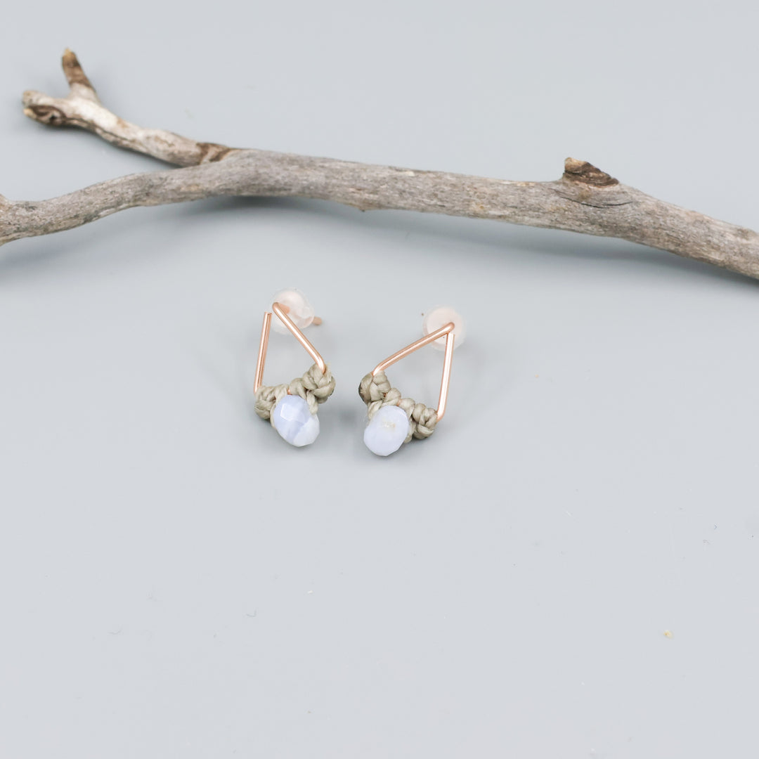 handmade rose gold triangle earrings with blue lace agate beads