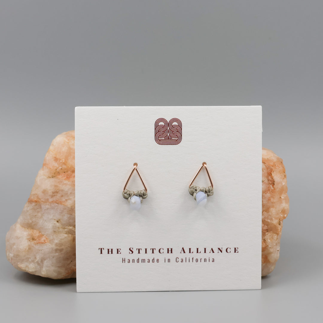 rose gold triangle earrings with blue lace agate beads on a white card