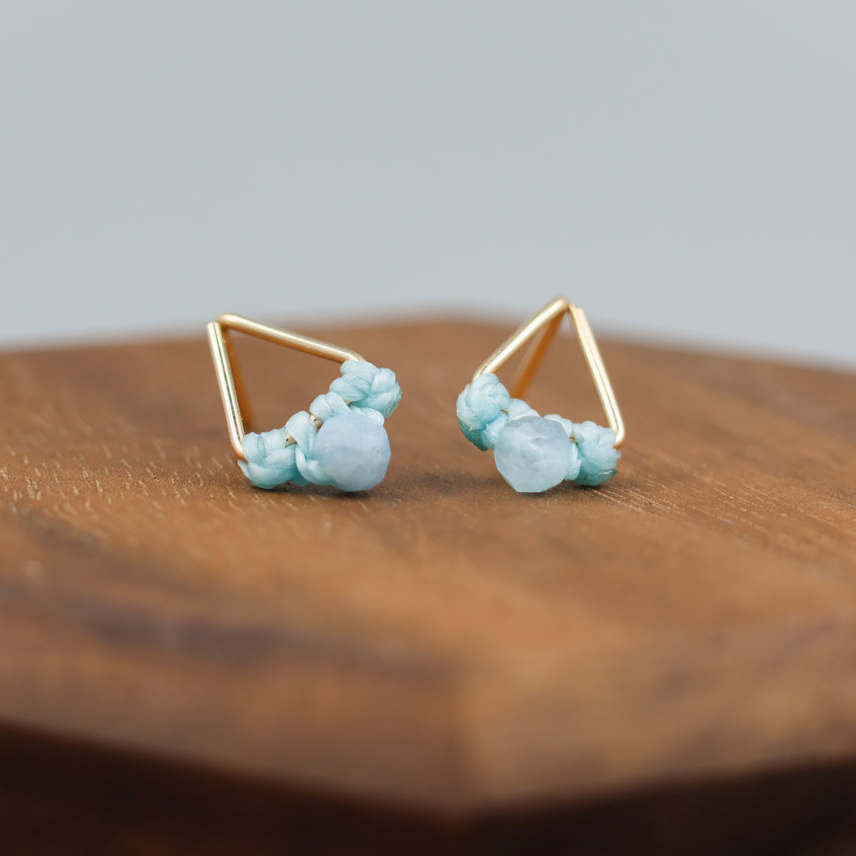 handmade gold filled triangle stud earrings with aquamarine beads
