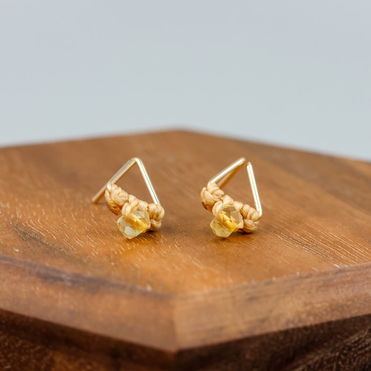 handmade gold fill  triangle stud earrings with a citrine bead