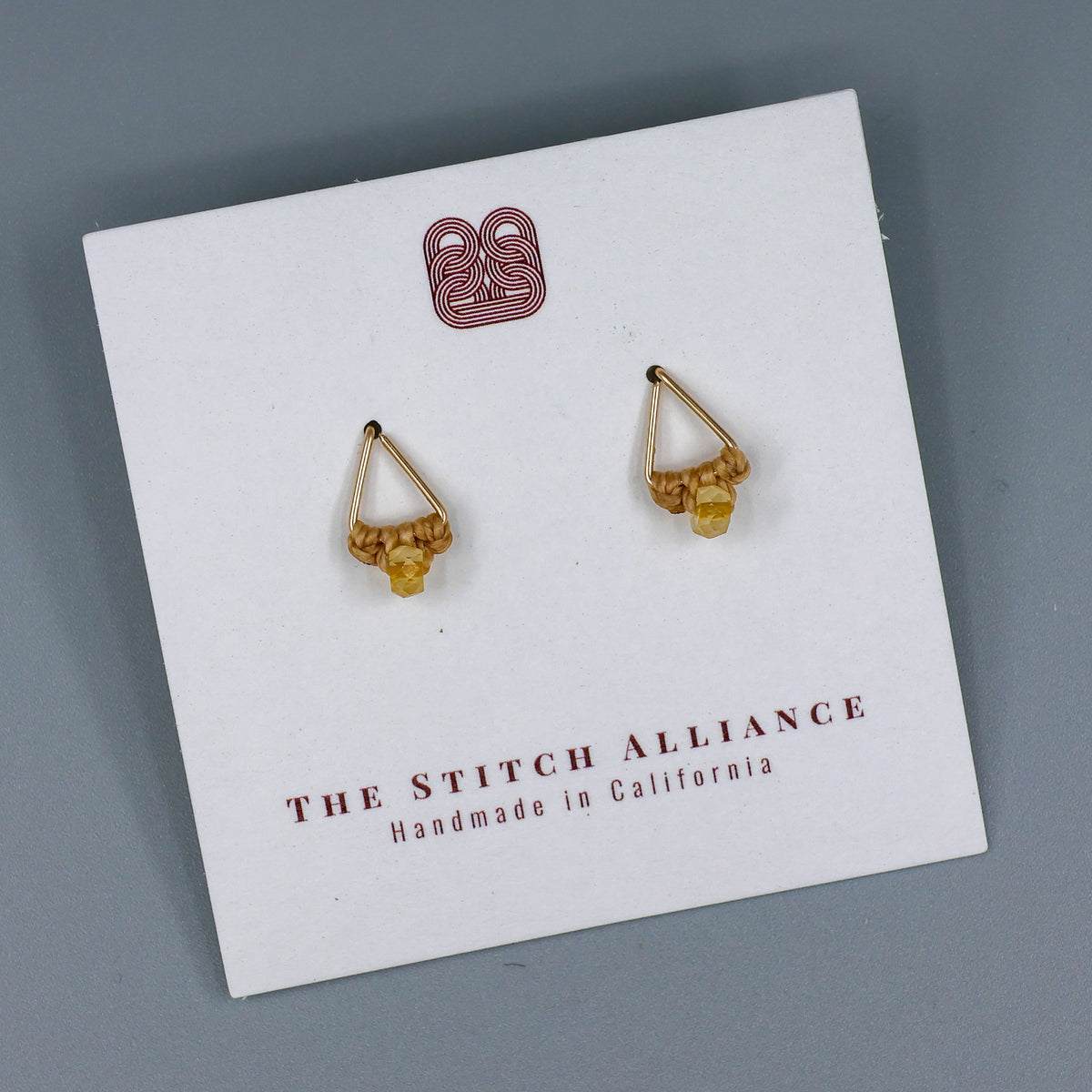handmade macrame gold fill  triangle stud earrings with a citrine bead