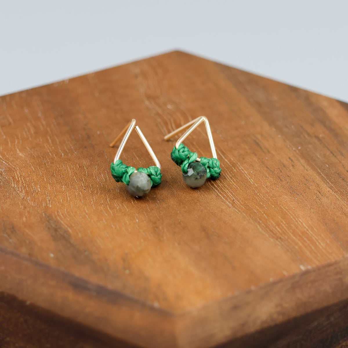 handmade gold fill  triangle stud earrings with emerald beads