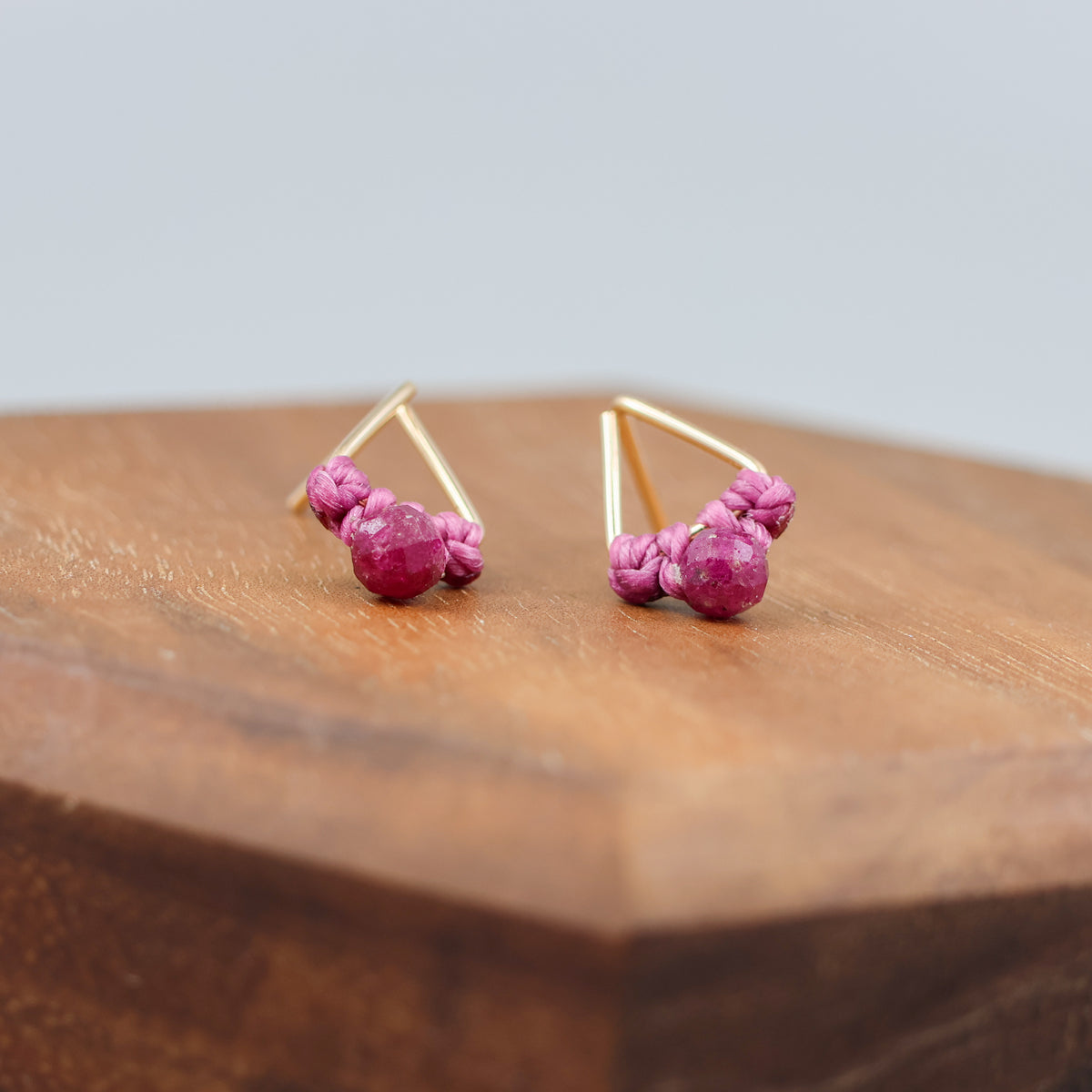 handmade gold filled triangle stud earrings with ruby beads 