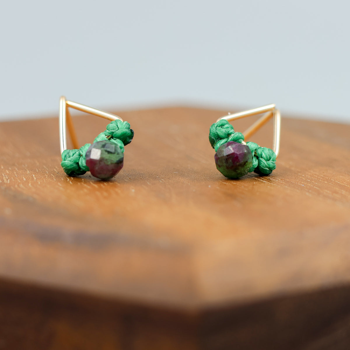 handmade gold filled triangle stud earrings with ruby zoisite beads