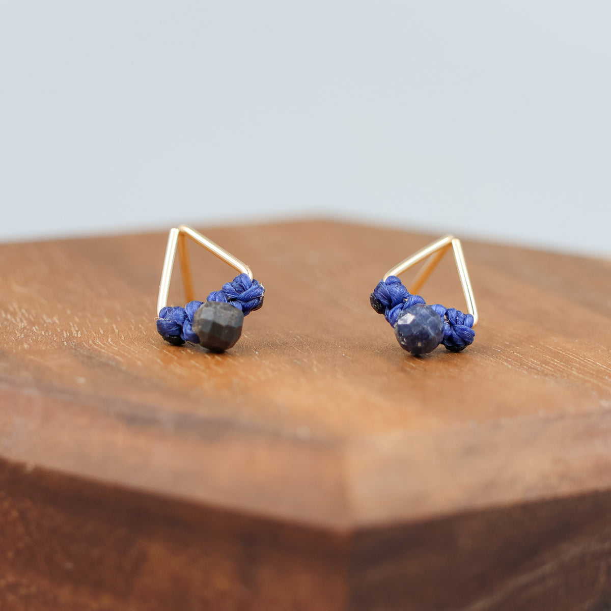 handmade gold filled triangle stud earrings with sapphire beads 