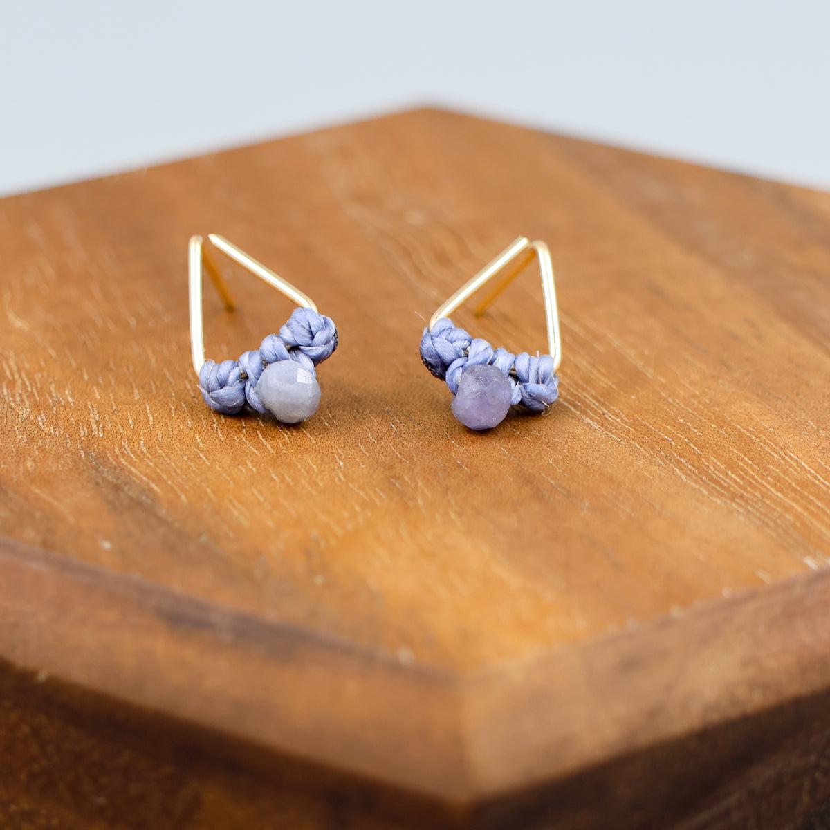handmade gold filled triangle stud earrings with tanzanite beads 