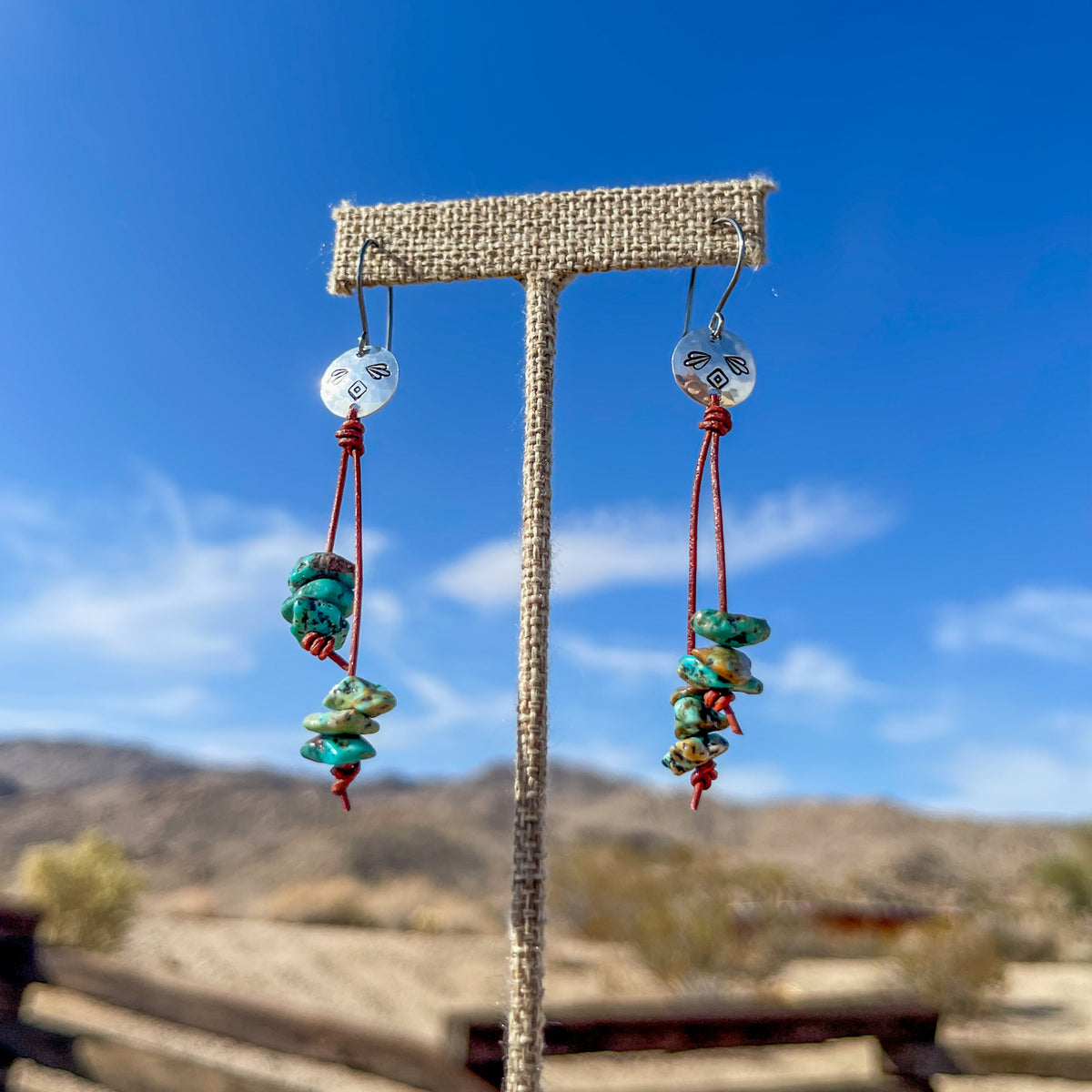 handmade turquoise leather dangle earrings with hand stamped sterling silver disc