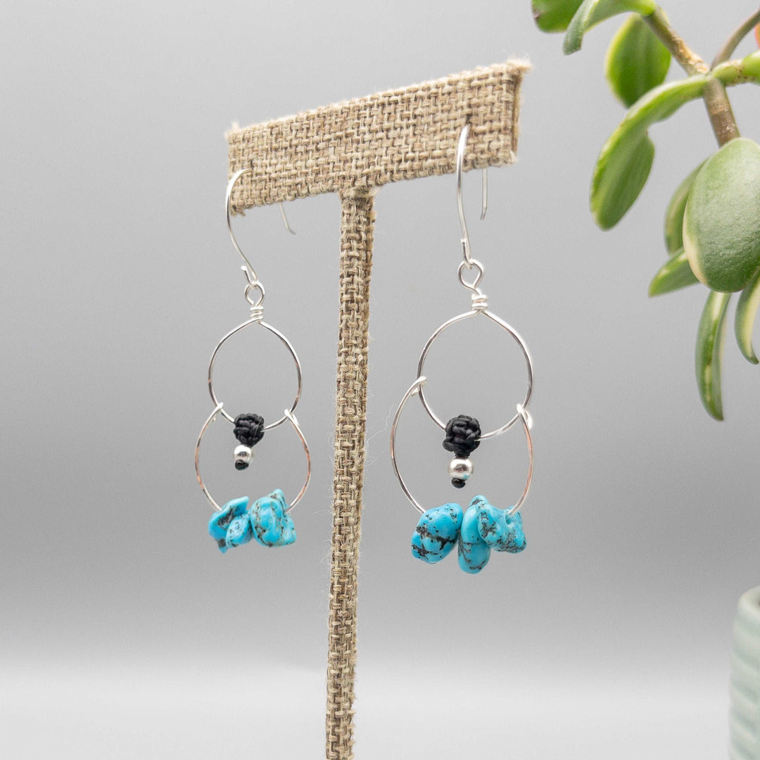 Double hoop sterling silver earrings with turquoise beads
