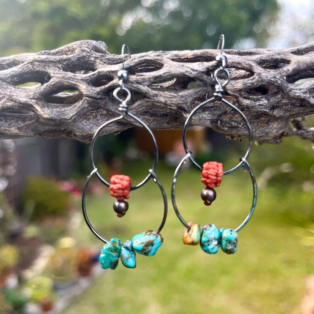 Double hoop earrings with vintage turquoise beads oxidized sterling silver close up