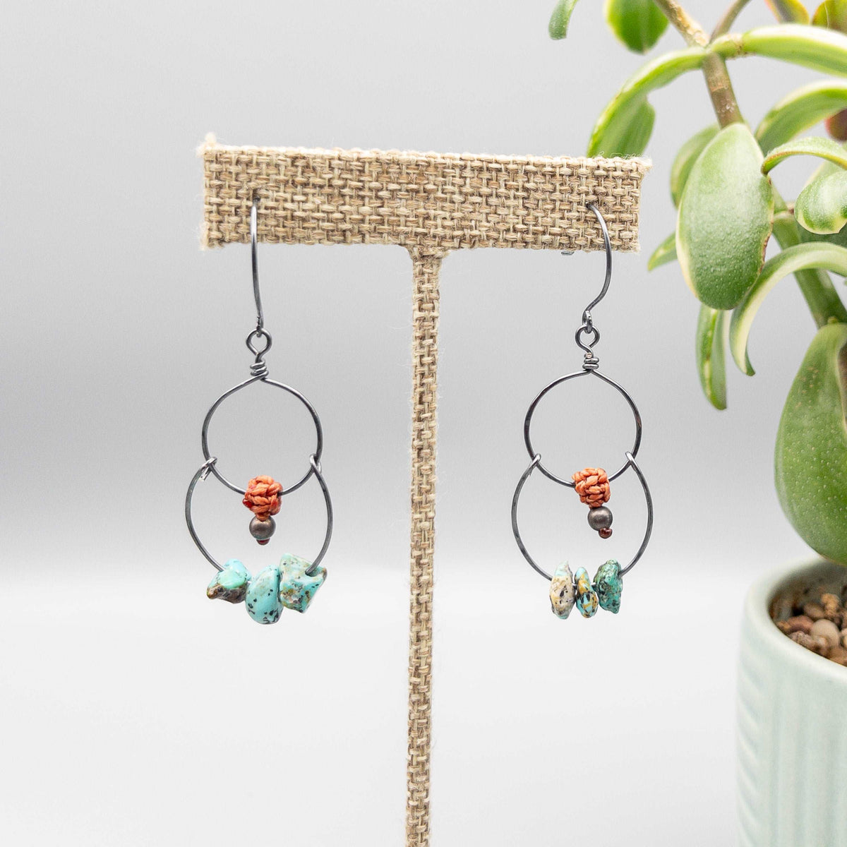 Double hoop earrings with vintage turquoise beads oxidized sterling silver