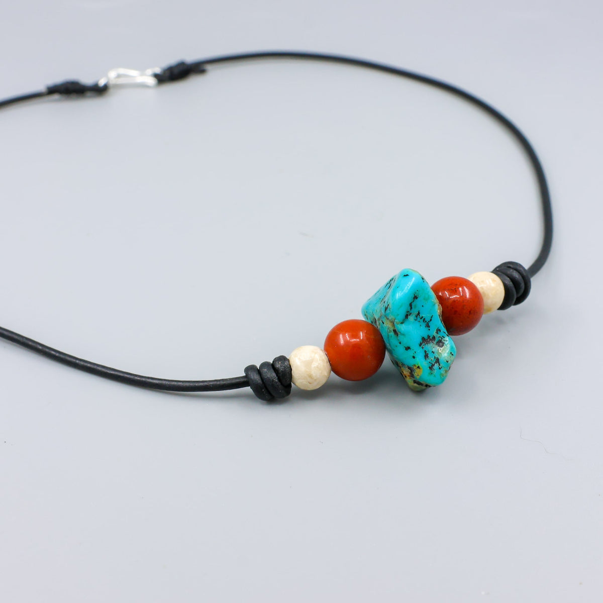 turquoise, red jasper, and riverstone leather choker with sterling silver hook clasp