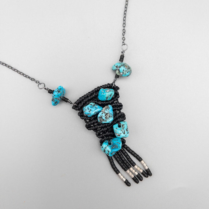 hand-woven macrame necklace with vintage kingman turquoise beads black with sterling silver chain