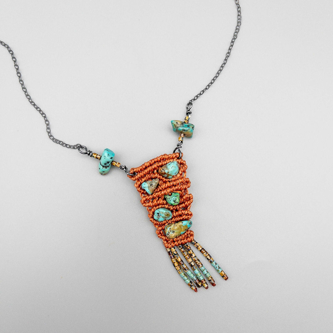 macrame necklace with vintage kingman turquoise beads sterling silver terracotta