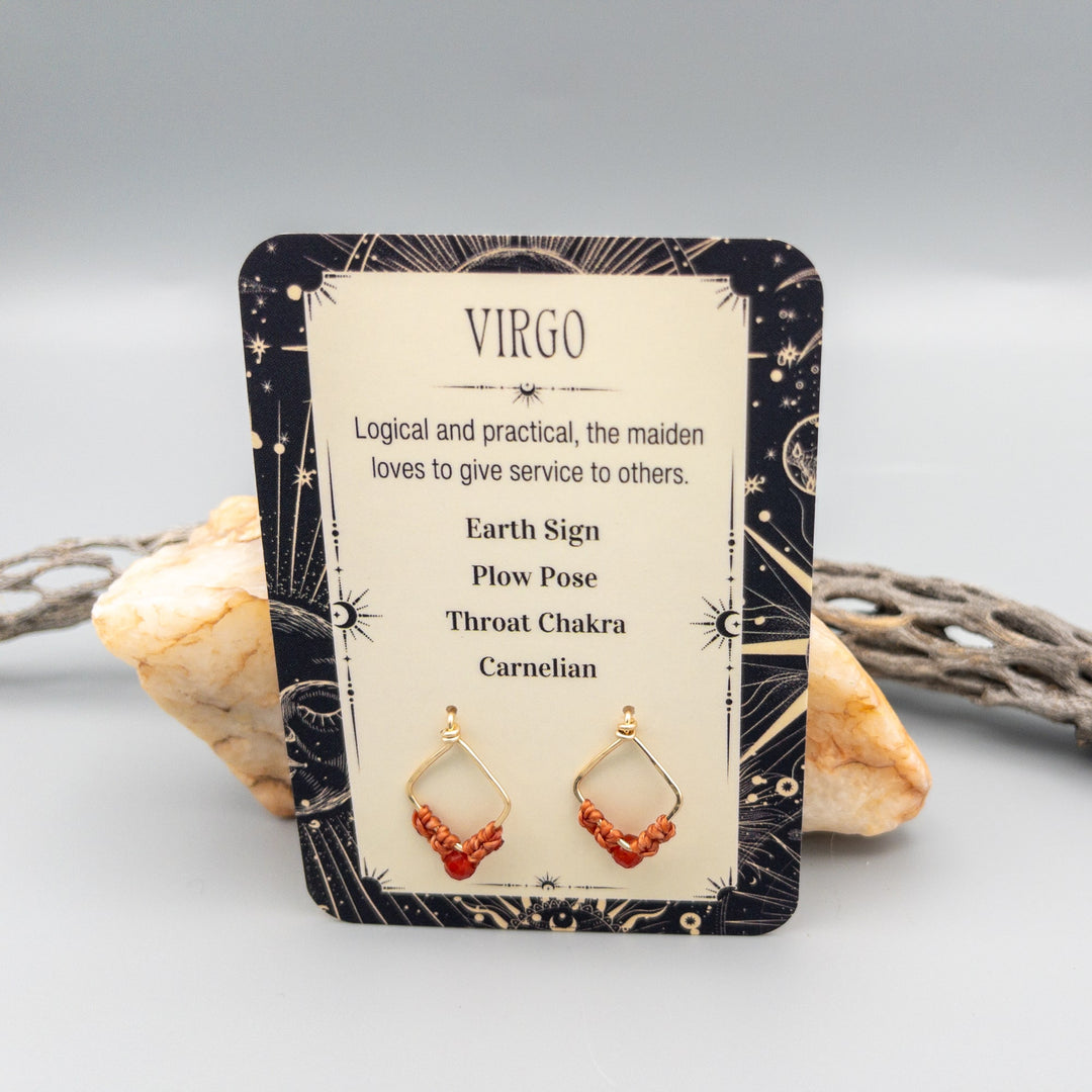 Virgo carnelian gold filled macrame earrings front card