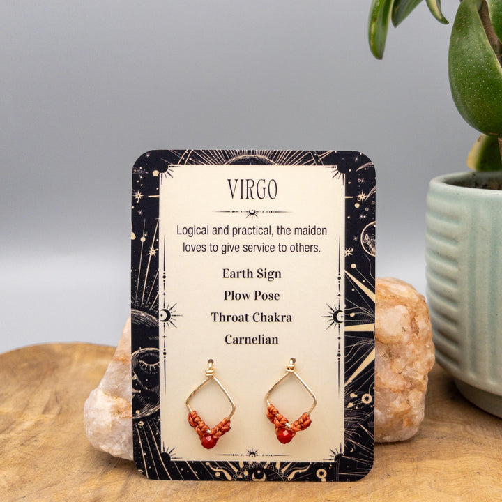 Virgo carnelian gold filled macrame earrings on a gift card