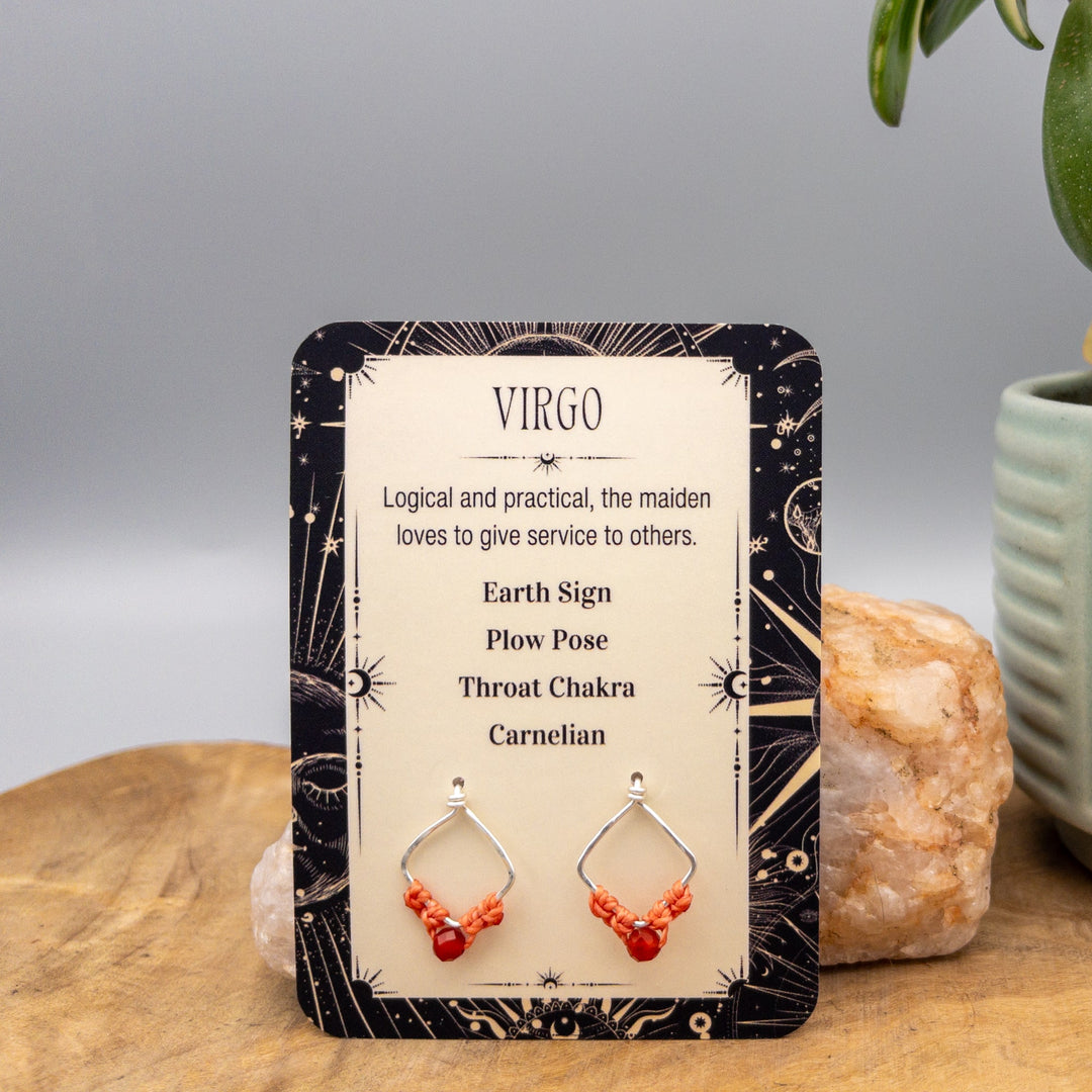 Virgo carnelian earrings in sterling silver on a gift card
