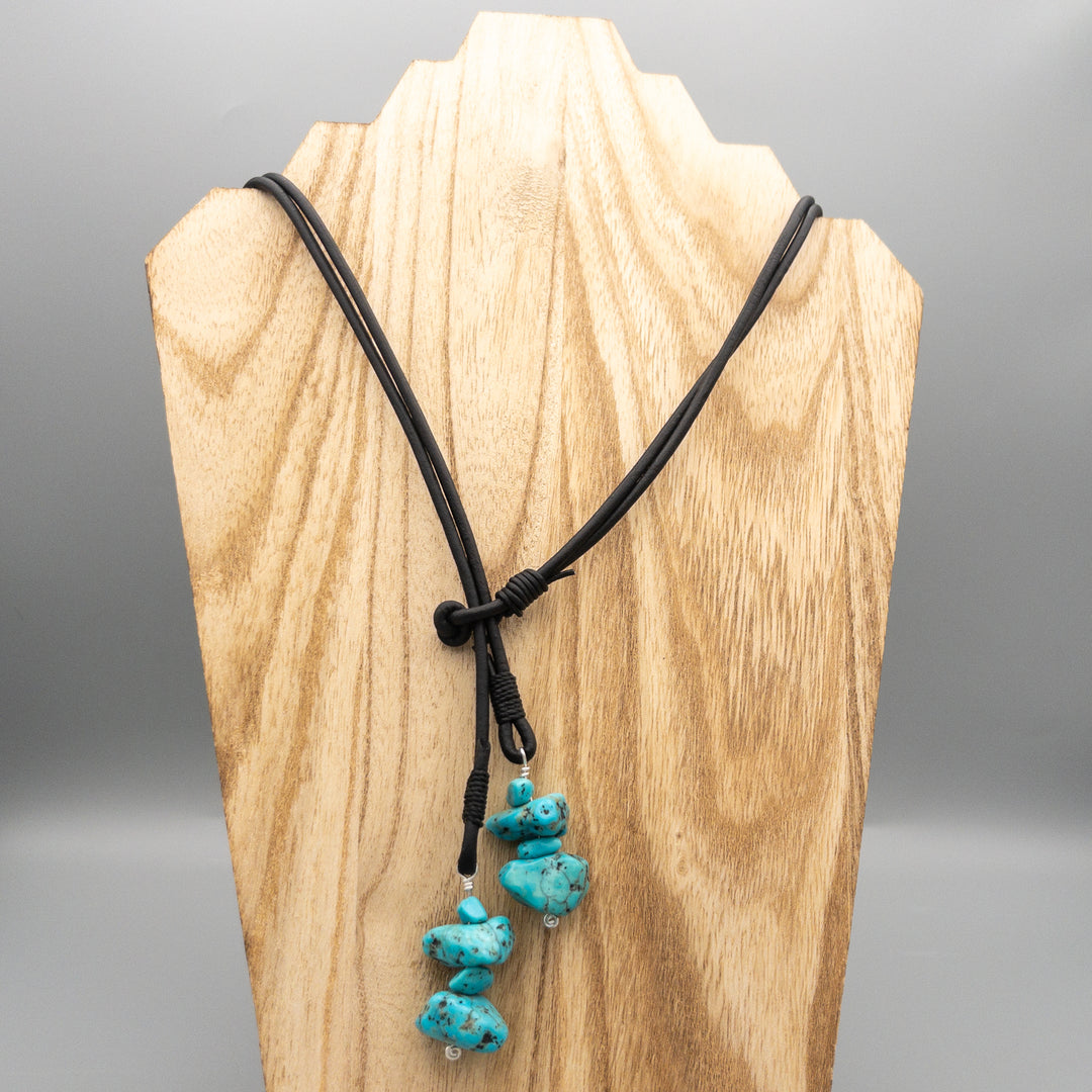 black leather western lariat necklace with turquoise beads