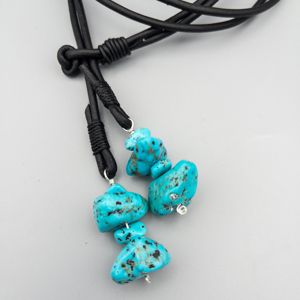 black leather western lariat necklace with turquoise beads from Kingman Arizona