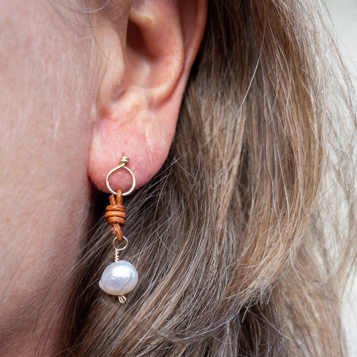 Freshwater Pearl Drop Earrings / 14k Gold Fill / Leather