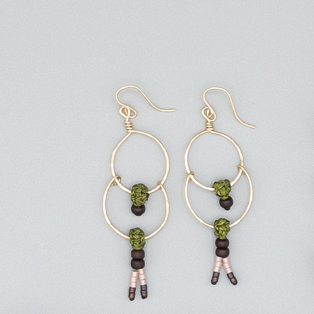 14K Gold Filled Double Hoop Earring with Macrame Bead / Olive