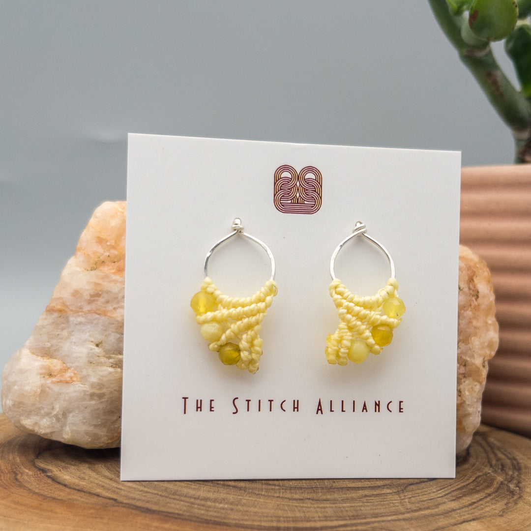 sterling silver and yellow opal macrame earrings
