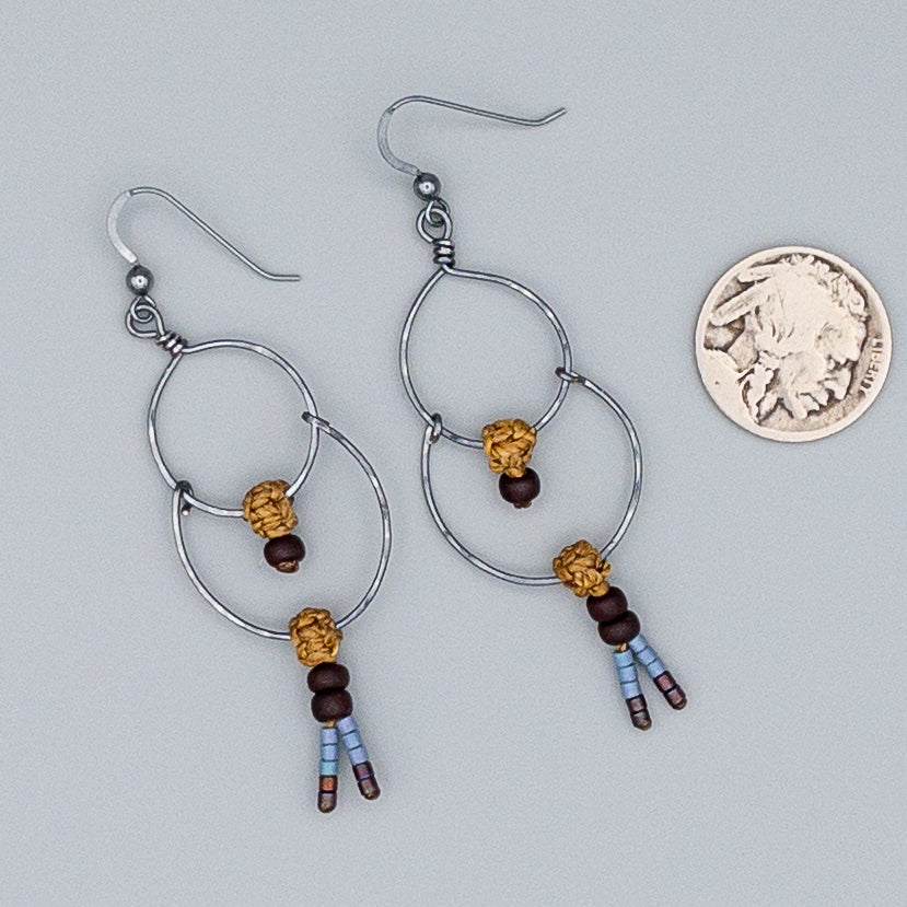 Oxidized Sterling Silver Double Hoop Earring / Old Gold Macrame