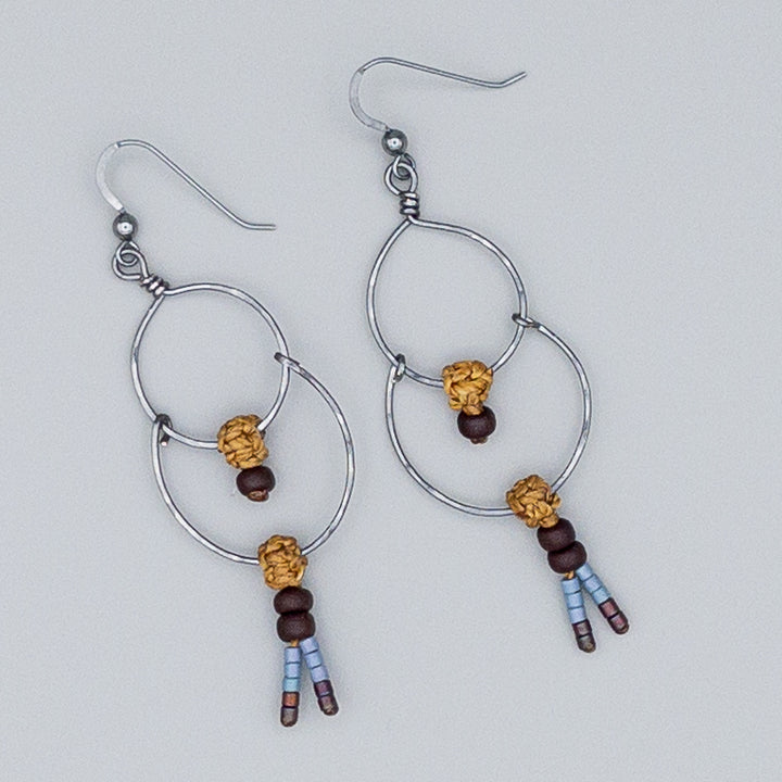 Oxidized Sterling Silver Double Hoop Earring / Old Gold Macrame