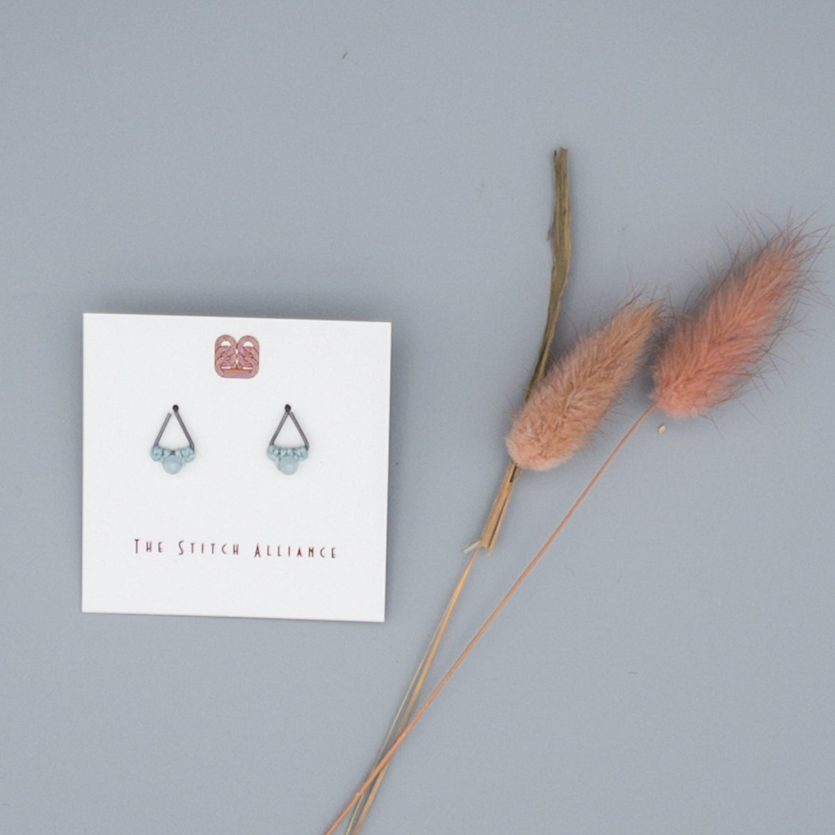 Aquamarine triangle shaped oxidized sterling silver earrings